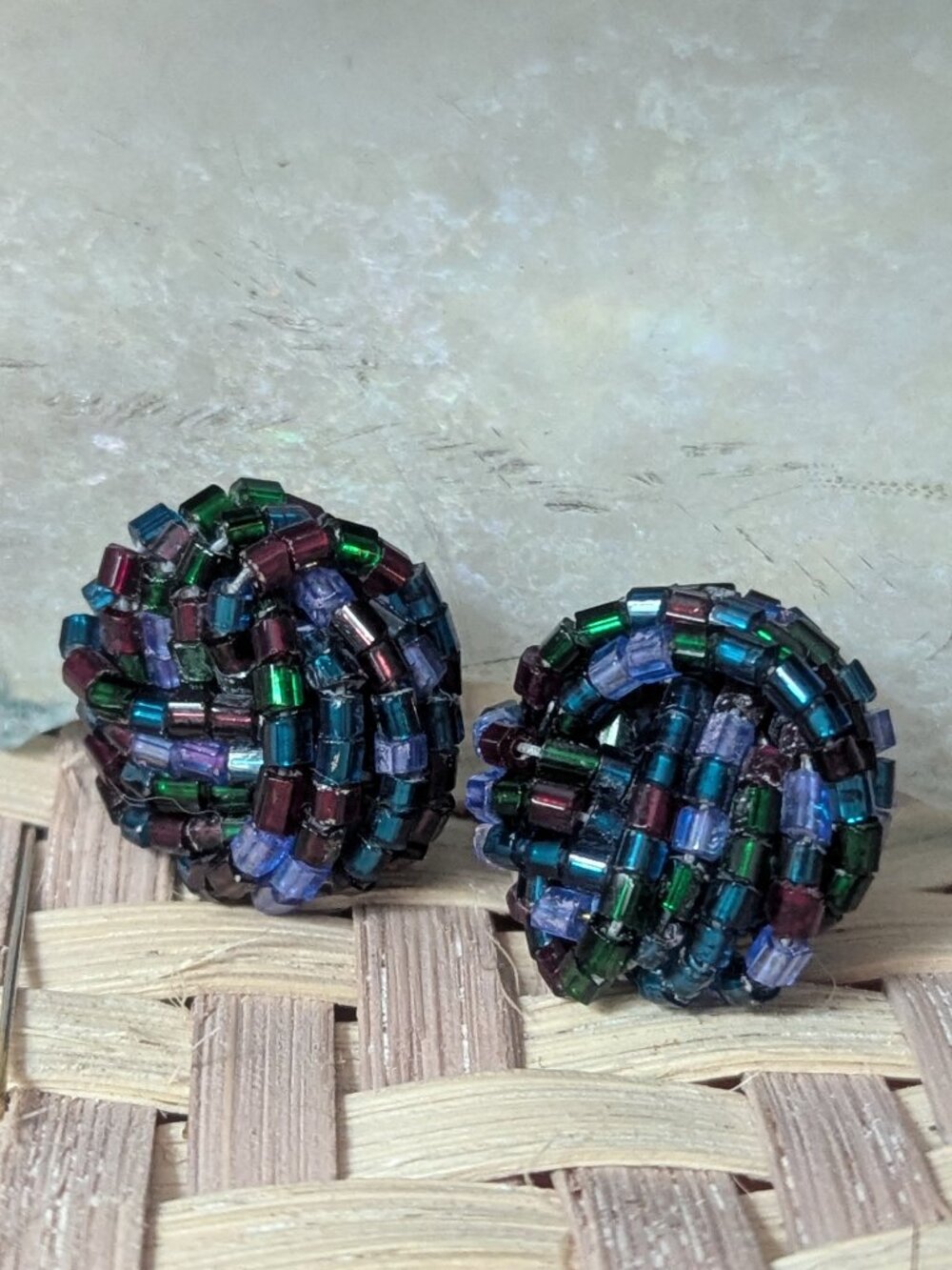 1960s Beaded Knot stud Earrings, Tube Beads of Blue, Lavender, Purple, Green